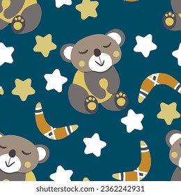 Seamless pattern with cute koala, bear baby on color background. Funny australian animals. Card for kids. Flat vector illustration for fabric, textile, wallpaper, poster, paper.