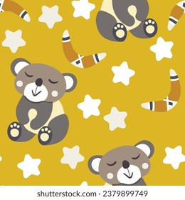 Seamless pattern with cute koala, bear baby on color background. Funny australian animals. Card for kids. Flat vector illustration for fabric, textile, wallpaper, poster, paper.