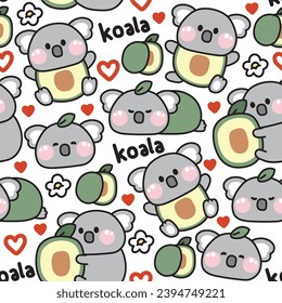 Seamless pattern of cute koala bear in avocado costume with heart and flower on white background.Wild animal character cartoon design.Image for card,poster,baby clothing.Kawaii.Vector.Illustration.