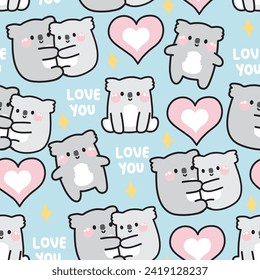 Seamless pattern of cute koala bear with heart and love you text on blue background.Valentines day.Baby clothing.Kawaii.Vector.Illustration.