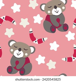 Seamless pattern with cute koala, bear baby on color background. Funny australian animals. Card for kids. Flat vector illustration for fabric, textile, wallpaper, poster, paper.