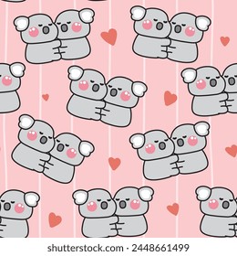 Seamless pattern of cute koala bear sleep together with heart background.Wild animal character design.Valentines day.Meow lover.Kawaii.Vector.Illustration.