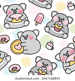 Seamless pattern of cute koala bear hold various dessert and sweet background.Wild mammal animal character cartoon design.Donut,coffee,ice cream.Image for card,baby product,Print screen clothing.