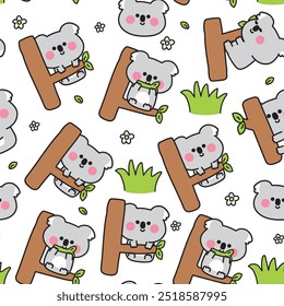 Seamless pattern of cute koala bear in various poses stay on tree white background.Jungle.Nature.Flower.Leaf.Grass.Wild mammals animal character cartoon design.Kawaii.Vector.Illustration.