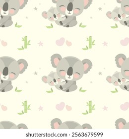 Seamless pattern with cute koala bear, wild animals, texture background. Wallpaper template. flat vector illustration