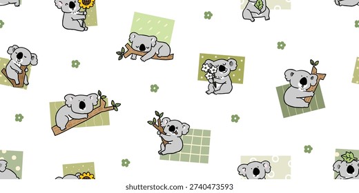 Seamless Pattern with Cute Koala Bear Design on White Background. Hand Drawn Vector Illustration. Not AI Generated.
