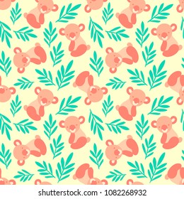 Seamless pattern with cute koala bears and leaves. Repeating background for children"s textile prints, wrapping paper. Kids animal pattern.