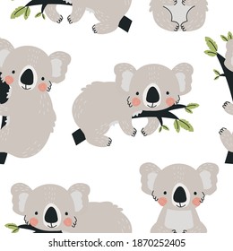 Seamless pattern with cute Koala bears on a white background. Vector illustration in a modern cartoon style, for printing on packaging paper, postcard, poster, banner, clothing. 