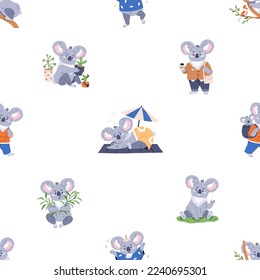 Patrón sin foco con osos de koala lindos. Niños repitiendo la impresión con un animal australiano. Diseño de fondo infinito para la textil de bebé, tela, decoración de vivero. Ilustración portadora plana infantil