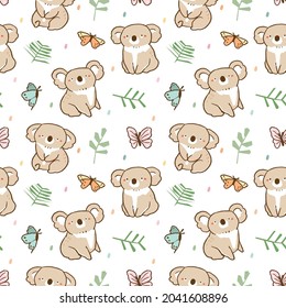 Seamless Pattern with Cute Koala, Butterfly and Leaf Illustration Design on White Background