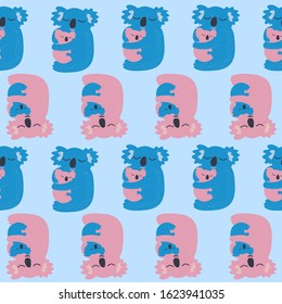 Seamless pattern with cute koala with child . Pastel pink and blue colors. Vector illustration.