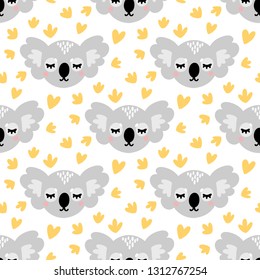 Seamless pattern with cute koala face, on a white background. Excellent design for packaging, wrapping paper, textile, clothes and etc.