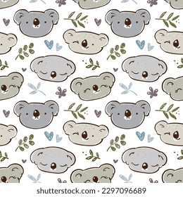 Seamless Pattern with Cute Koala Face and Leaf Design on White Background