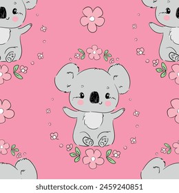 patrón sin fisuras con koala lindo y flores. Diseño de impresión para textil. Lindo fondo infantil.