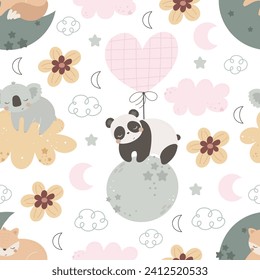 Seamless pattern with cute koala, fox, panda, decor elements. simple flat vector. Hand drawing for children. animal theme. baby design for fabric, textile, wrapper, print.
