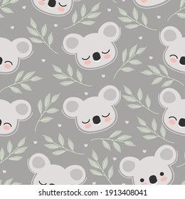 Seamless pattern with cute koala head and leaves