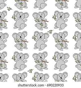Seamless pattern with cute koala and leaves. Vector background with funny animal.