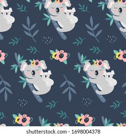 Seamless pattern with cute koala on a blue background. Vector Illustration
