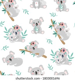 Seamless pattern with cute koala on a white background. Vector Illustration
