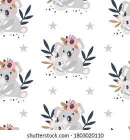 Seamless pattern with cute koala on a white background. Vector Illustration
