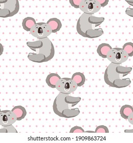 Seamless pattern with cute koala on white polka dots background. Funny australian animals. Card, postcards for kids. Flat vector illustration for fabric, textile, wallpaper, poster, paper.