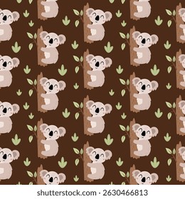 Seamless pattern with cute koala on a tree. Adorable animal pattern for kids. Whimsical koala hand drawn vector illustration in flat cartoon style