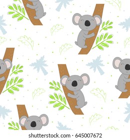 Seamless pattern with cute koala on the tree . Vector background for kids.
