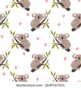 Seamless pattern with cute koala sitting on a branch and hearts on a light background. Funny kids background in vector. Perfect for fabric, clothing, textiles, wrapping paper.