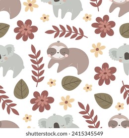 Seamless pattern with cute koala, sloth, decor elements. simple flat vector. Hand drawing for children. animal theme. baby design for fabric, textile, wrapper, print.