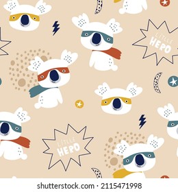 Seamless pattern with cute koala super hero. Creative childish texture in scandinavian style. Great for fabric, textile Vector Illustration