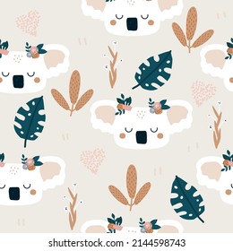 Seamless pattern with cute koala and tropical plants. Vector hand drawn illustration.