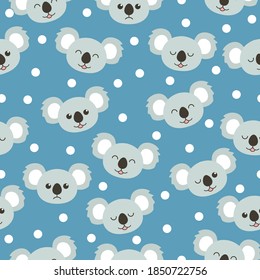 Seamless pattern cute koala winter background. Cartoon wild animal design vector illustration isolated on blue.