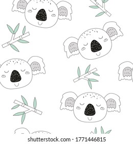 Seamless pattern cute koalas and bamboo leaves background. Cartoon wild animal design vector illustration isolated on white background