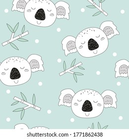 Patrón sin foco lindo koalas y hojas de bambú como fondo. Dibujo vectorial de diseño de animales salvajes aislado en fondo blanco