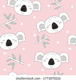 Nahtlose Muster süß Koalas und Bambus hinterlassen Hintergrund. Cartoon-Wildtierdesign, Vektorgrafik einzeln auf weißem Hintergrund
