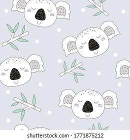 Seamless pattern cute koalas and bamboo leaves background. Cartoon wild animal design vector illustration isolated on white background