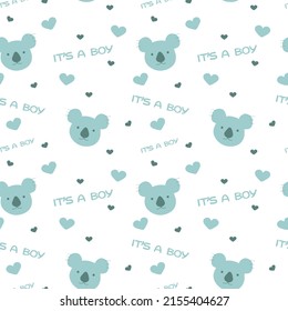 Patrón sin foco con los adorables koalas y corazones por el nacimiento de un niño. Ilustración vectorial en colores azul pastel. Para uso en textiles, impresiones, invitaciones, fiestas infantiles, embalaje y cubiertas.