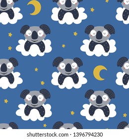 Seamless pattern with cute koalas on a cloud with a moon and stars on a blue background for children. Animal cartoon background for baby textile, wrapping paper, wallpaper in vector.