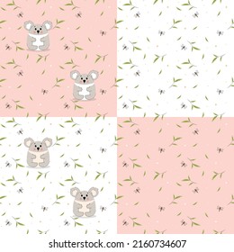 Seamless pattern with cute koalas on pink background, set with wild animals, vector panda and eucalyptus, pattern for girl, koala in flat style with contours