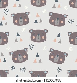 Seamless pattern with cute koalas. Scandinavian style. Boho style. Nursery decor. Clothing print. Fabric pattern. Textile design. Wallpaper.