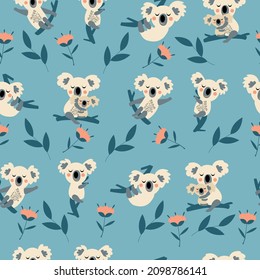 Seamless pattern of cute koalas sitting on the branches. Children's vector illustration on a blue background. 