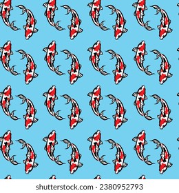 Seamless Pattern With Cute Koi Fishes On Blue Background