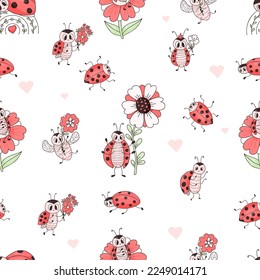 Seamless pattern with cute ladybug. Characters insects ladybird with flowers on white background with hearts. Vector illustration. Endless romantic background for wallpaper, packaging, print, design