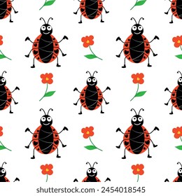Seamless pattern with cute ladybug and flower in cartoon style on a transparent background. Vector illustration for textile print, wrapping paper, wallpaper, children's backgrounds