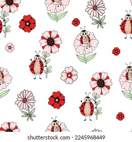 Seamless pattern with cute ladybug. Funny insects with flowers on white background. Vector illustration. Endless background for wallpaper, packaging, print, design