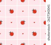 Seamless pattern of cute ladybug and hearts in a kawaii style with a checkered background. Perfect for Valentine Day-themed textiles, nursery decor, and kids clothing
