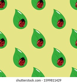 Seamless pattern with cute ladybug on a yellow background. Vector illustration.