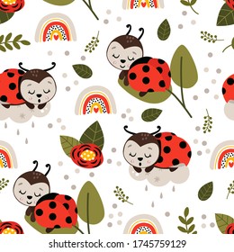 seamless pattern with cute ladybug on a cloud - vector illustration, eps