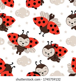 seamless pattern with cute ladybug on white background - vector illustration, eps