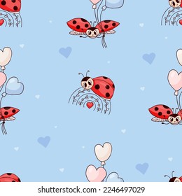 Seamless pattern with cute ladybug on rainbow and with balloons on light blue background. Vector illustration. Endless background for kids collection, decor, design, packaging, wallpaper